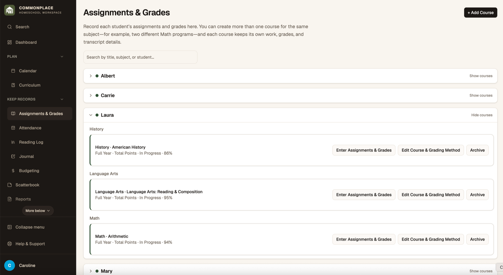 Commonplace Assignments and Grades page for the fictional Ingalls family