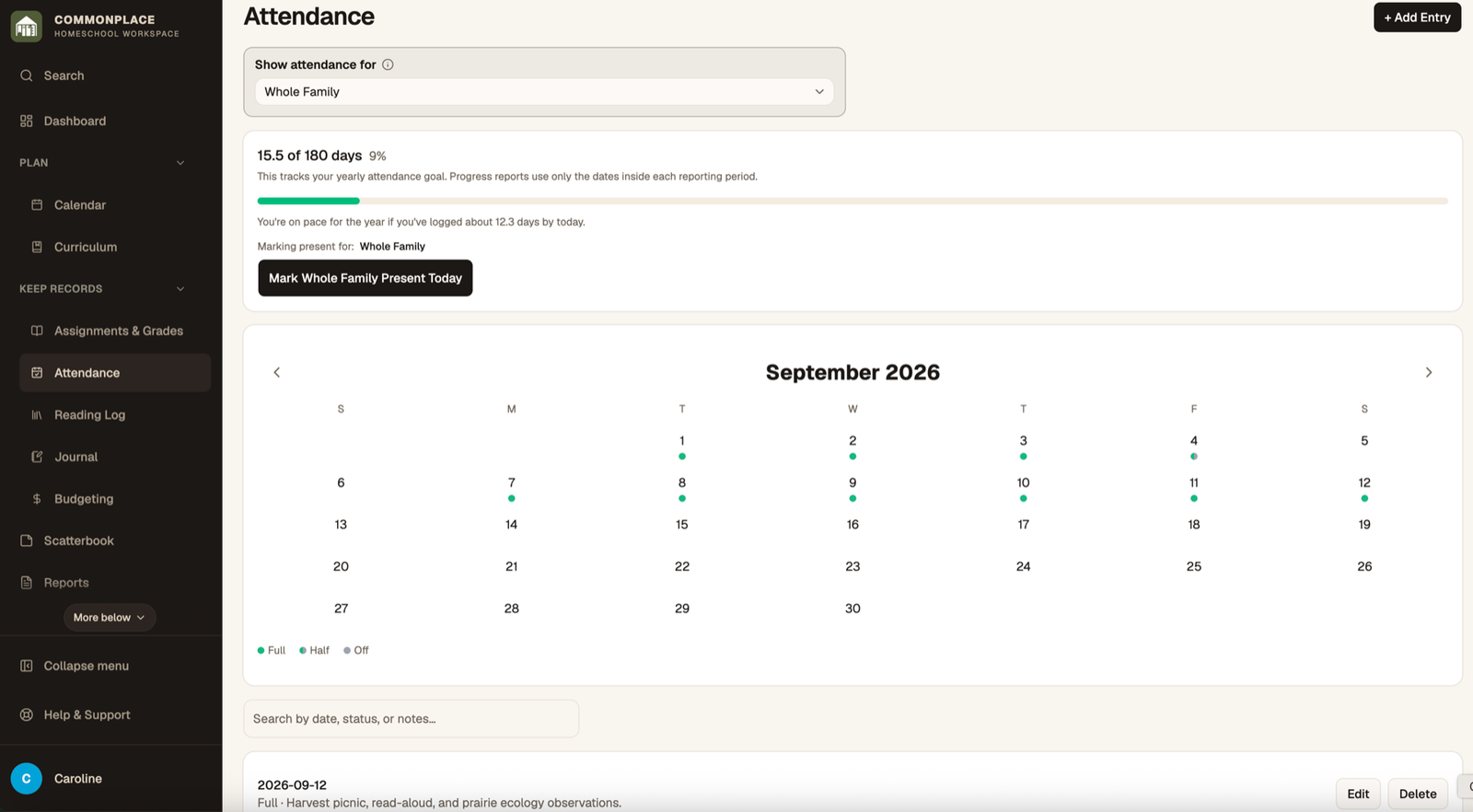 Commonplace attendance calendar for the fictional Ingalls family