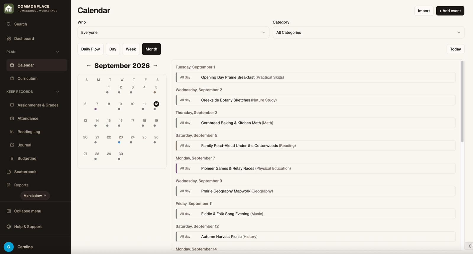 Commonplace calendar with fictional Ingalls family activities