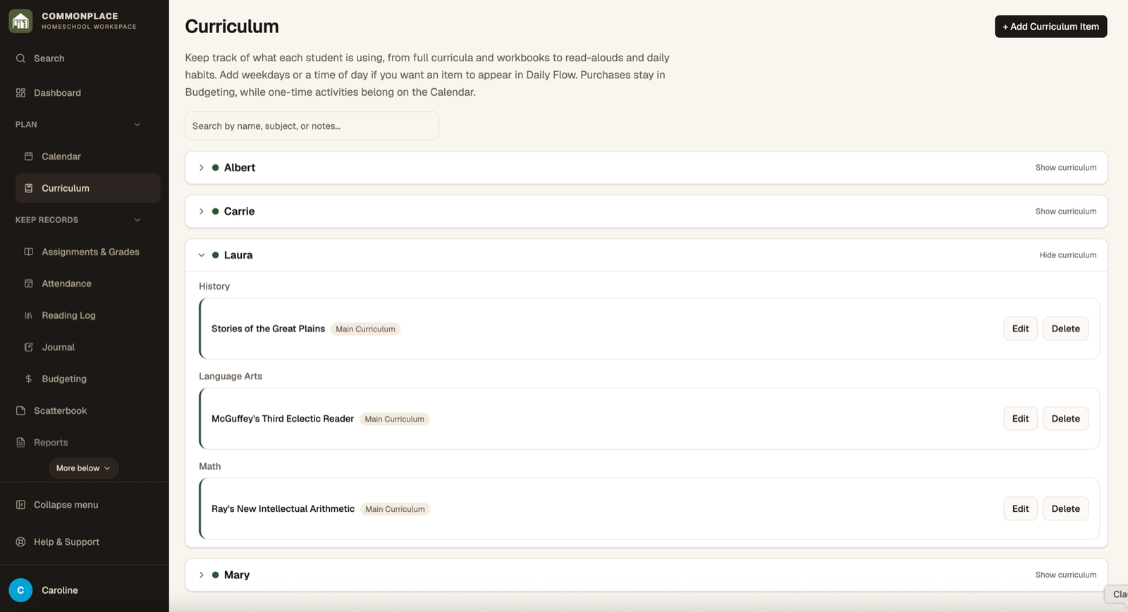 Commonplace curriculum page for the fictional Ingalls family