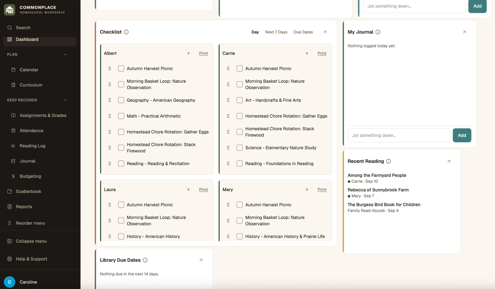 Commonplace dashboard checklist for the fictional Ingalls family