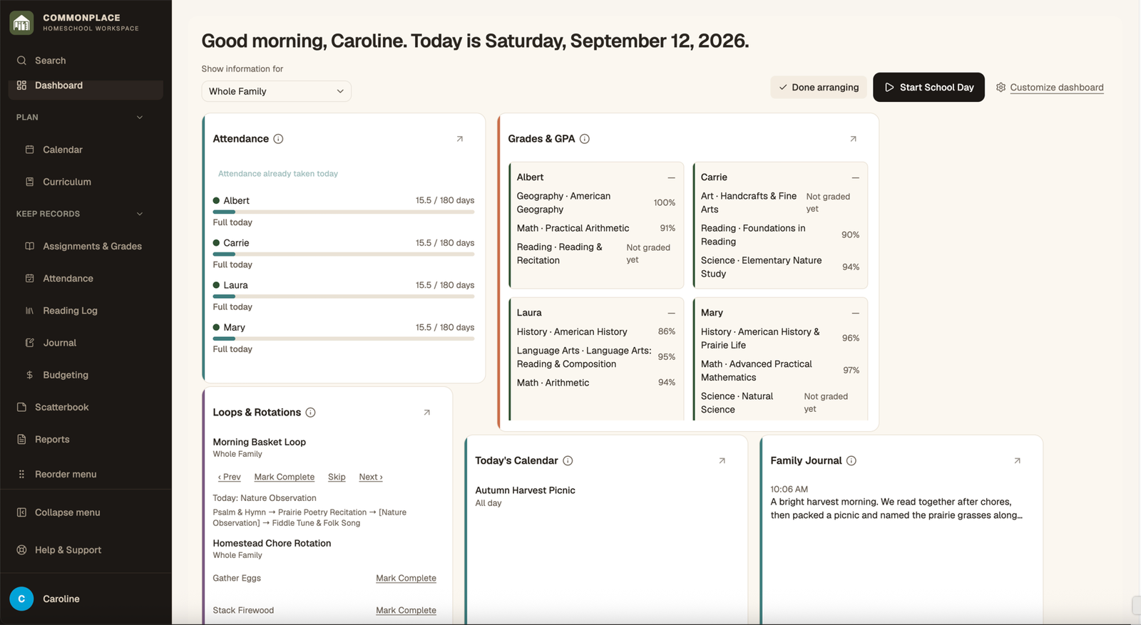 Commonplace dashboard showing a flexible learning routine