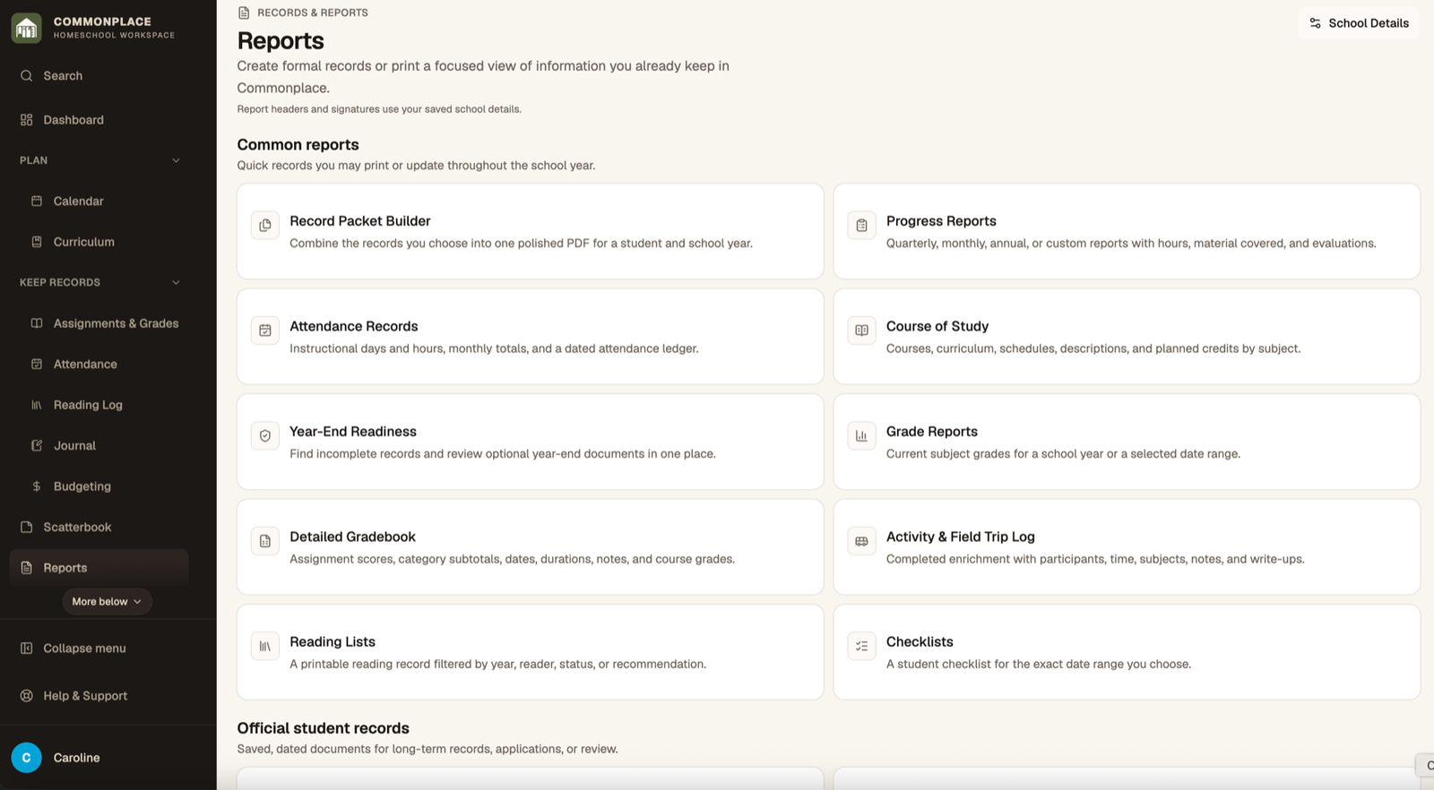 Commonplace reports page with year-end record options